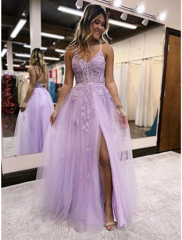 Luolandi A-Line Evening Gown Open Back Dress Formal Prom Floor Length Sleeveless V Neck Tulle Backless with Beading Slit Appliques Beautiful